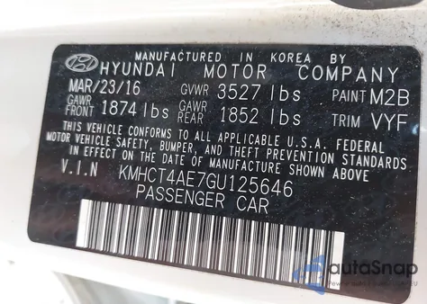 2016 Hyundai Accent Se from USA, damaged, VIN KMHCT4AE7GU125646